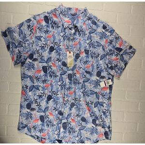 Izod Blue Tropical Print Chambray Button Down Shirt XXL